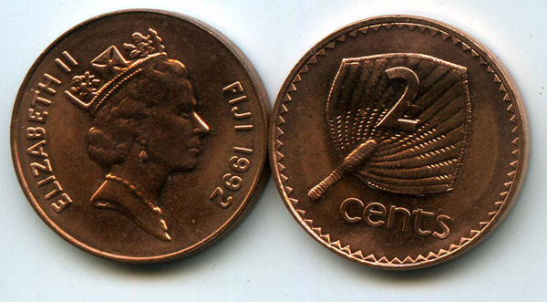 Монета 2 цента 1992г Фиджи