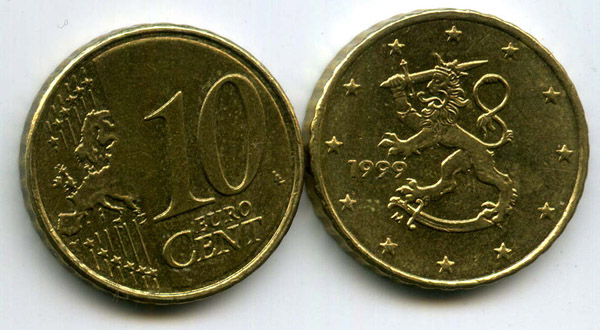 Монета 10 евроцентов 1999г Финляндия