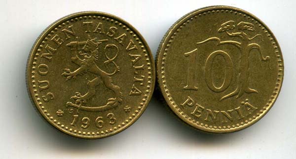 Монета 10 пенни 1963г Финляндия