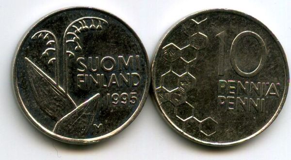 Монета 10 пенни 1995г Финляндия