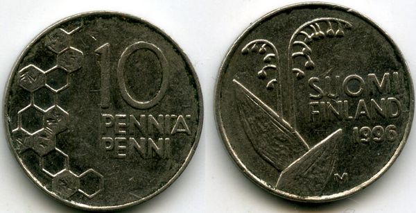 Монета 10 пенни 1996г Финляндия