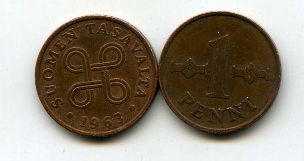 Монета 1 пенни 1963г Финляндия