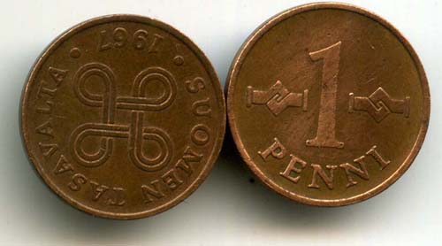 Монета 1 пенни 1967г Финляндия