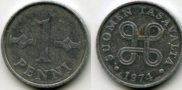 Монета 1 пенни 1974г Финляндия