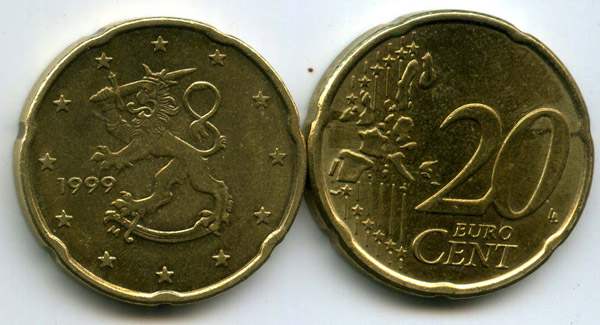 Монета 20 евроцентов 1999г Финляндия