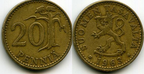 Монета 20 пенни 1963г Финляндия