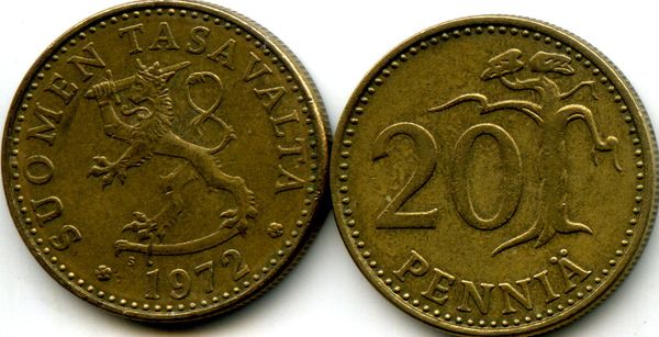 Монета 20 пенни 1972г Финляндия