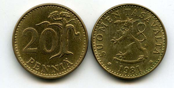 Монета 20 пенни 1981г Финляндия