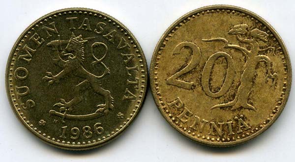 Монета 20 пенни 1986г Финляндия