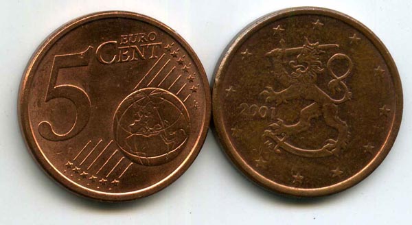 Монета 5 евроцентов 2001г Финляндия