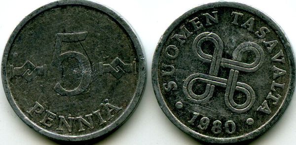 Монета 5 пенни 1980г Финляндия