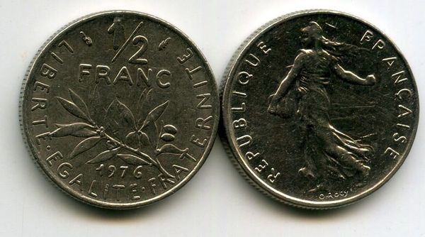 Монета 1/2 франка 1976г Франция