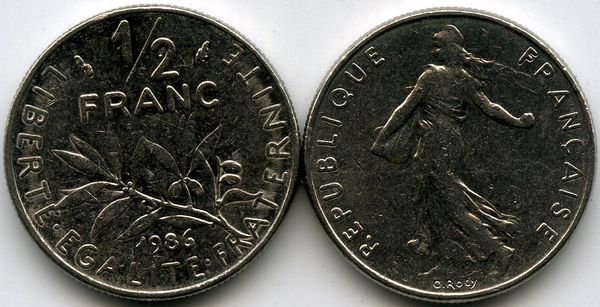 Монета 1/2 франка 1986г Франция