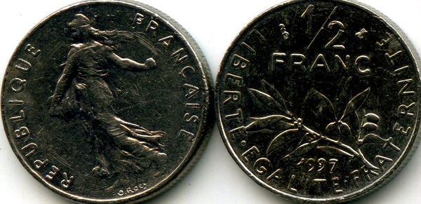 Монета 1/2 франка 1997г Франция