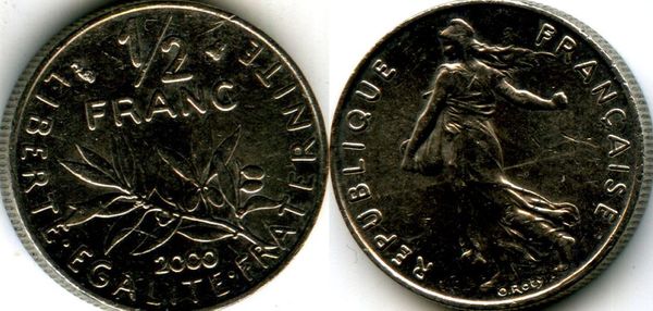 Монета 1/2 франка 2000г r Франция