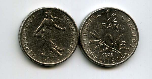 Монета 1/2 франка 1973г Франция