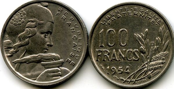 Монета 100 франков 1954г Франция