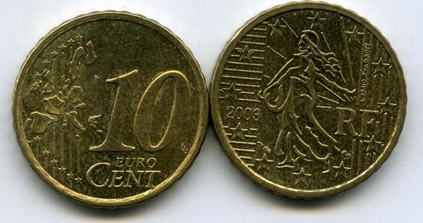 Монета 10 евроцентов 2003г Франция