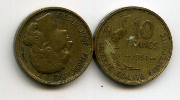 Монета 10 франков 1951г Франция