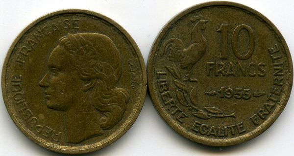 Монета 10 франков 1955г Франция