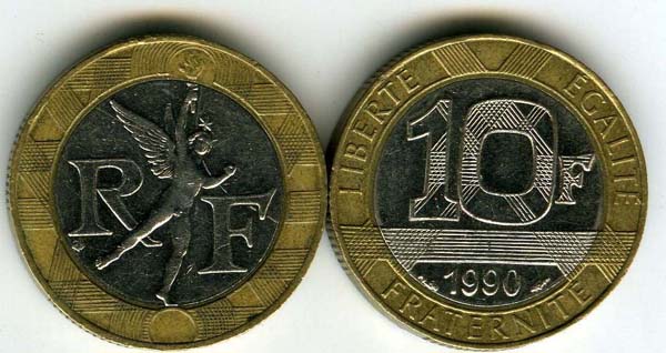 Монета 10 франков 1990г Франция