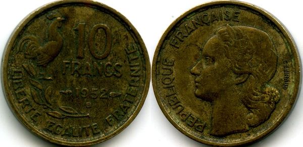 Монета 10 франков 1952г В Франция