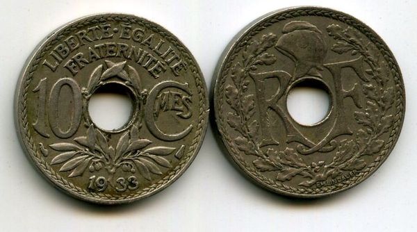Монета 10 сентимов 1933г Франция