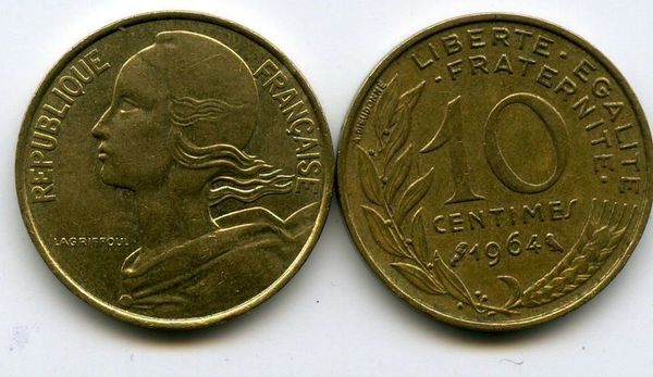 Монета 10 сентимов 1964г Франция