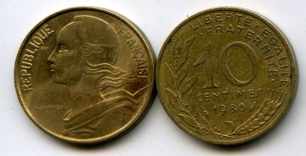 Монета 10 сентимов 1980г Франция