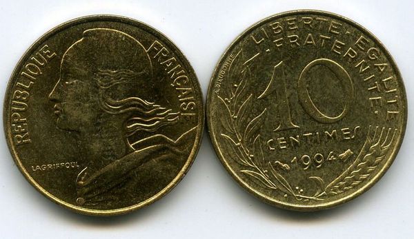 Монета 10 сентимов 1994г Франция