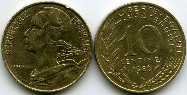 Монета 10 сентимов 1986г Франция