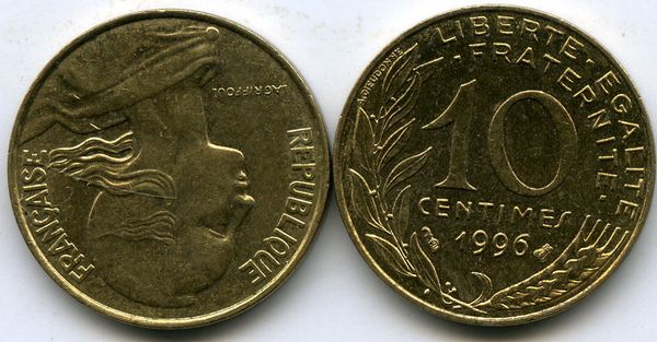 Монета 10 сентимов 1996г Франция