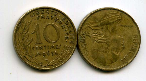 Монета 10 сентимов 1963г Франция