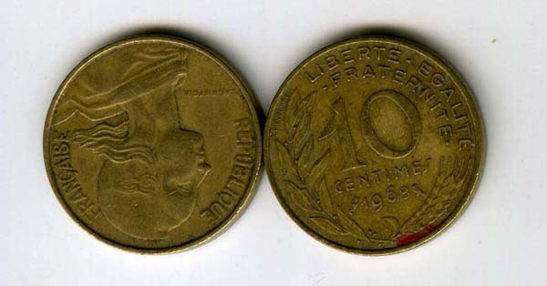 Монета 10 сентимов 1968г Франция