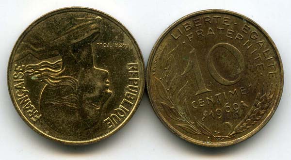 Монета 10 сентимов 1969г Франция