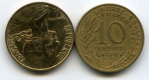 Монета 10 сентимов 1979г Франция