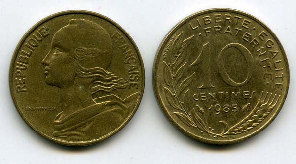 Монета 10 сентимов 1985г Франция