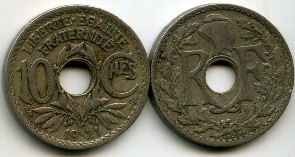 Монета 10 сентимов 1921г Франция