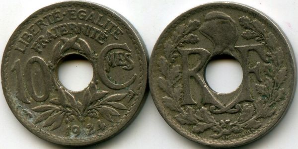 Монета 10 сентимов 1924г Франция