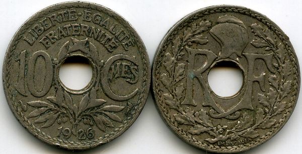 Монета 10 сентимов 1926г Франция