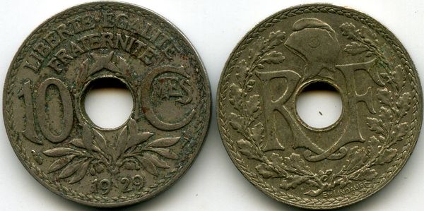 Монета 10 сентимов 1929г Франция