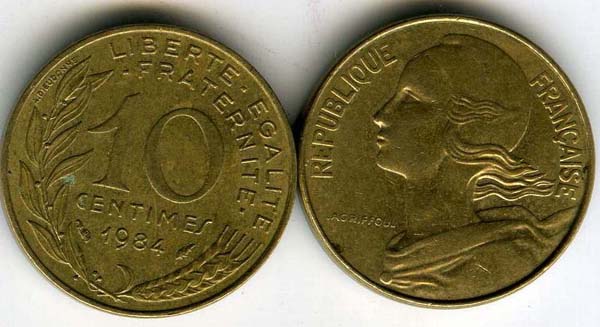 Монета 10 сентимов 1984г Франция
