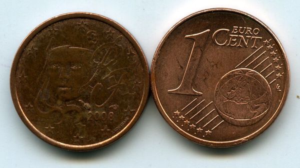 Монета 1 евроцент 2008г Франция