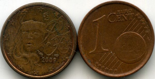 Монета 1 евроцент 2009г Франция
