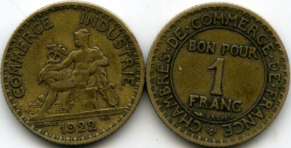 Монета 1 франк 1922г Франция