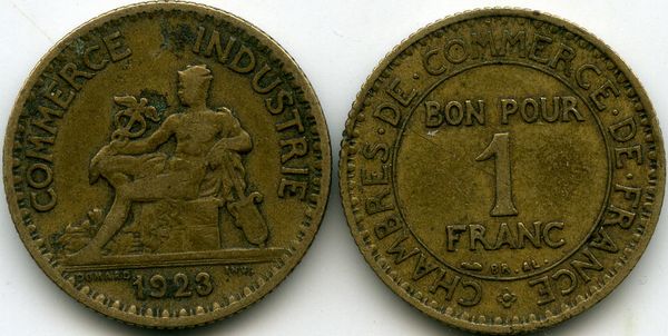 Монета 1 франк 1923г Франция