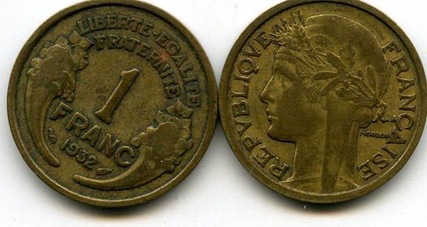 Монета 1 франк 1932г Франция