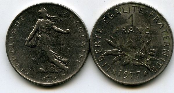 Монета 1 франк 1977г Франция