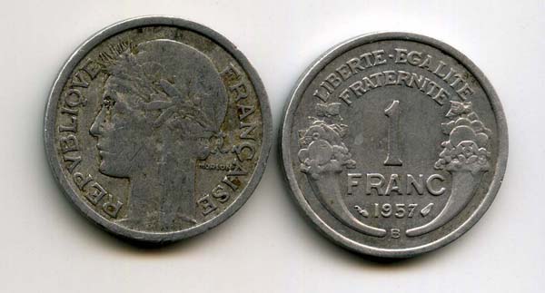 Монета 1 франк 1957г В Франция