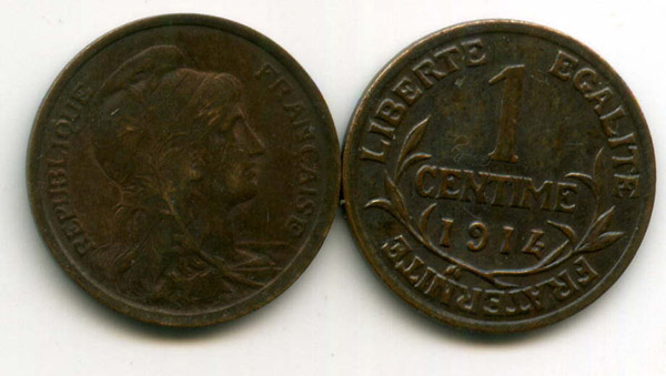 Монета 1 сентим 1914г Франция
